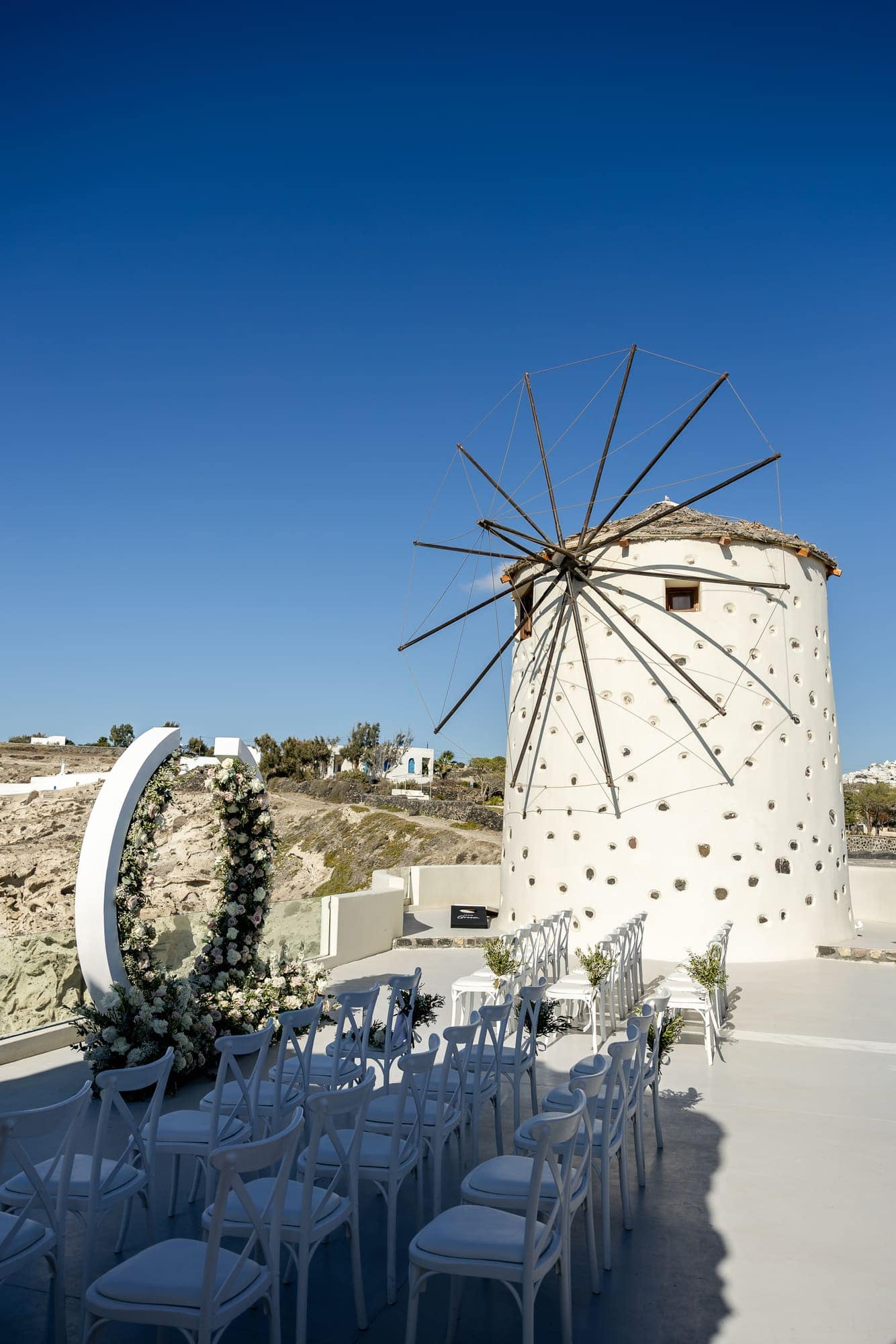 Mary & Chris — the windmill venue and the details before the ceremony, Windmill venue on the caldera, Santorini