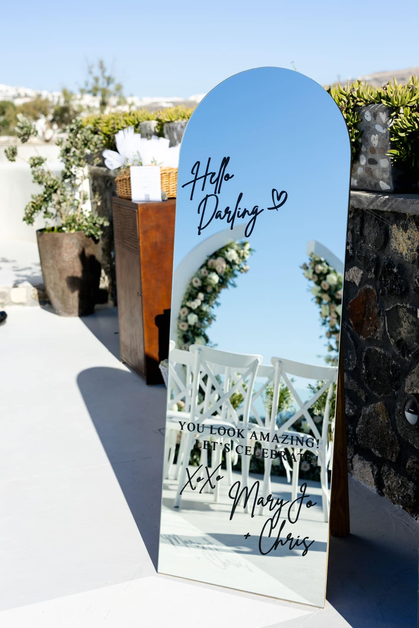 Mary & Chris — the windmill venue and the details before the ceremony, Windmill venue on the caldera, Santorini
