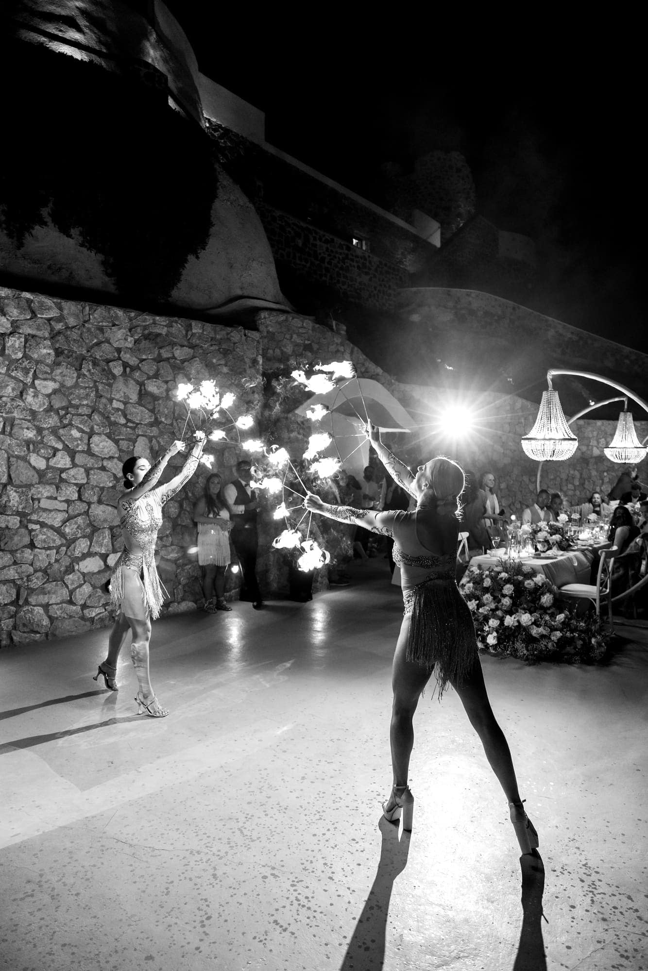 Mary & Chris — the fire show and the party after dark, Windmill venue on the caldera, Santorini