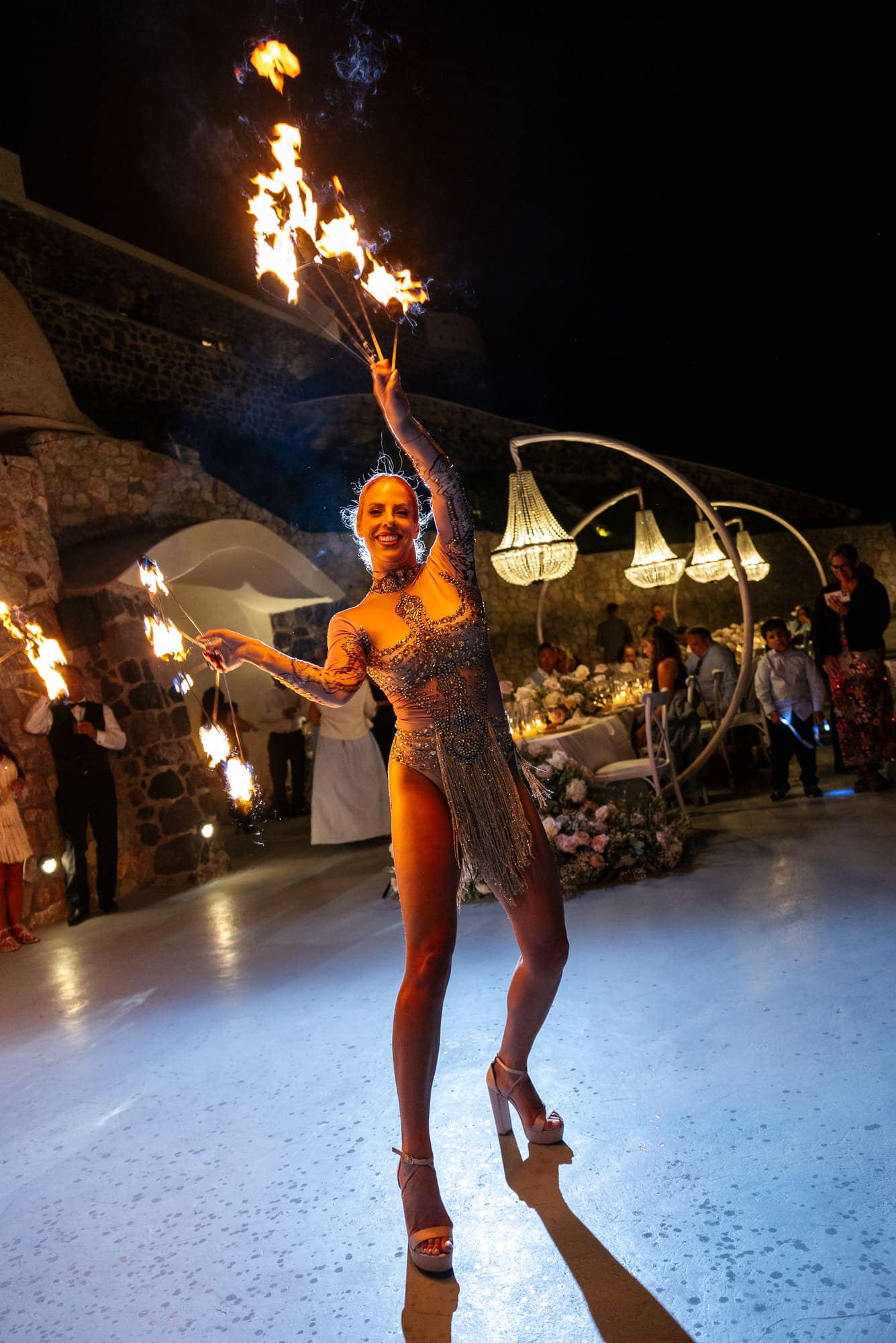 Mary & Chris — the fire show and the party after dark, Windmill venue on the caldera, Santorini